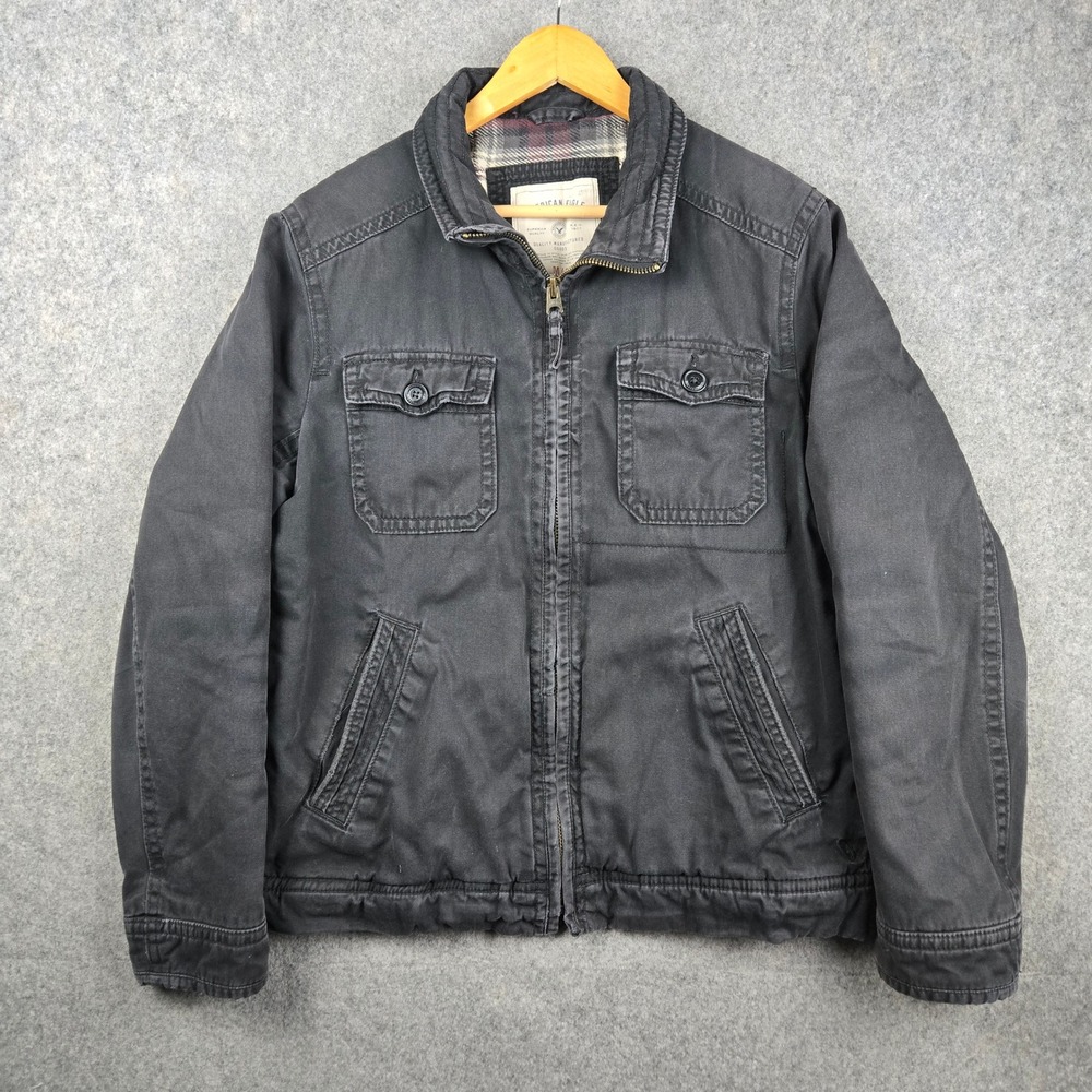 American Eagle Jacket Mens M Black Flannel Lined Canvas Workwear Grunge Military